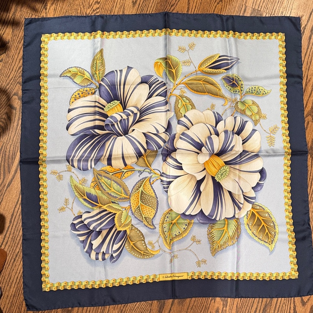 Salvatore Ferragamo Blue and Yellow Silk Scarf